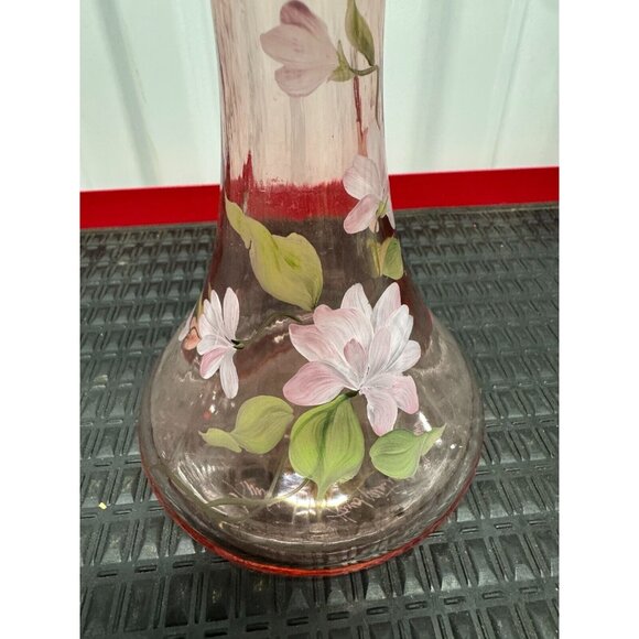 FENTON HAND PAINTED FLOWERS & SIGNED FENTON JACK IN THE PULPIT PINK GLASS VASE - Picture 8 of 15
